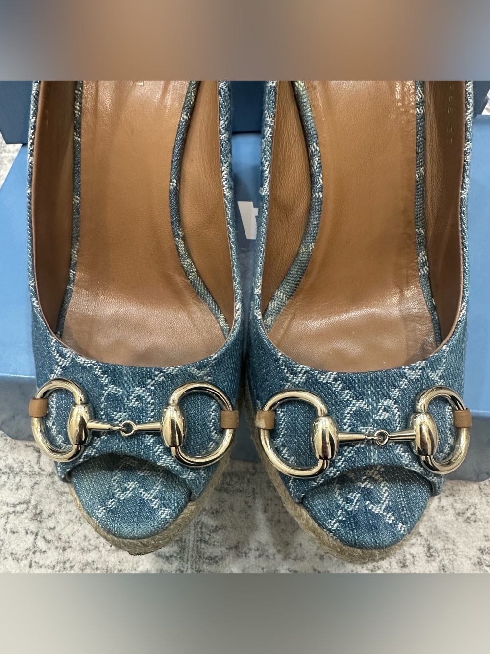 Gucci Blue Denim Peep-Toe Wedge Sandals with Gold Horsebit